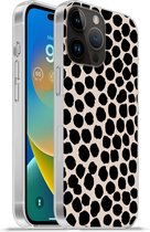Geschikt voorApple Iphone 14 Pro - Softcase hoesje - Stippen - Zwart - Beige - Siliconen Telefoonhoesje