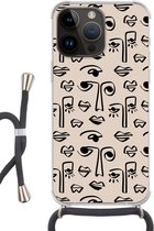 Geschikt voorApple Iphone 14 Pro - Crossbody Case - Patronen - Lippen - Line art - Siliconen - Crossbody - Backcover met Koord - Telefoonhoesje met koord - Hoesje met touw