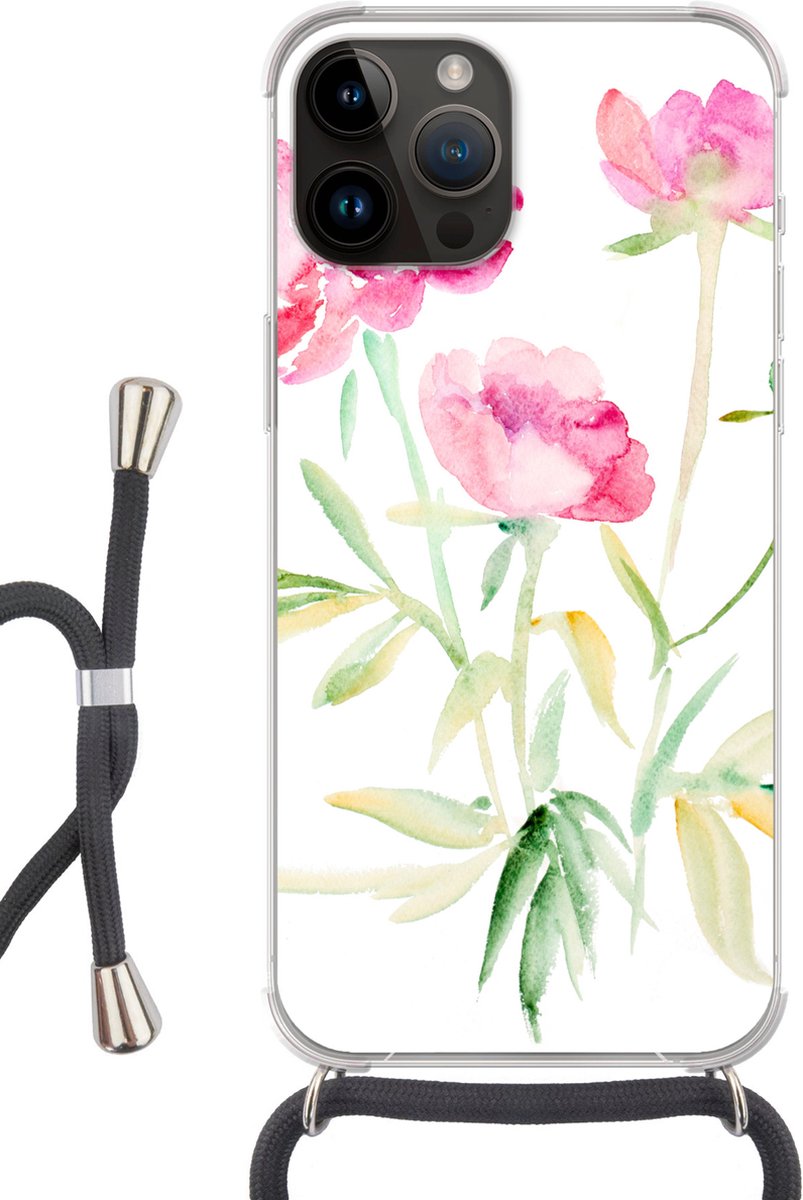 Telefoonhoesje Geschikt voor Apple Iphone 14 Pro Max - Bloemen - Waterverf - Roze - Siliconen - Crossbody - Backcover met Koord - Telefoonhoesje met koord - Hoesje met touw Telefoonhoesje
