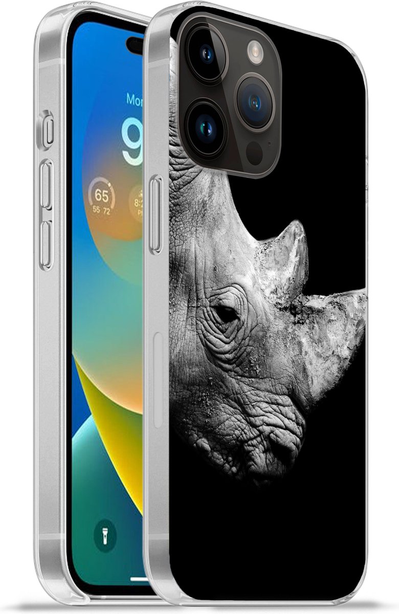 Telefoonhoesje Geschikt voor Apple Iphone 14 Pro Max hoesje - Portretfoto neushoorn op zwarte achtergrond in zwart-wit - Siliconen Telefoonhoesje Telefoonhoesje
