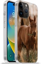 Telefoonhoesje Geschikt voorApple Iphone 14 Pro hoesje - Paard - Zon - Gras - Siliconen Telefoonhoesje