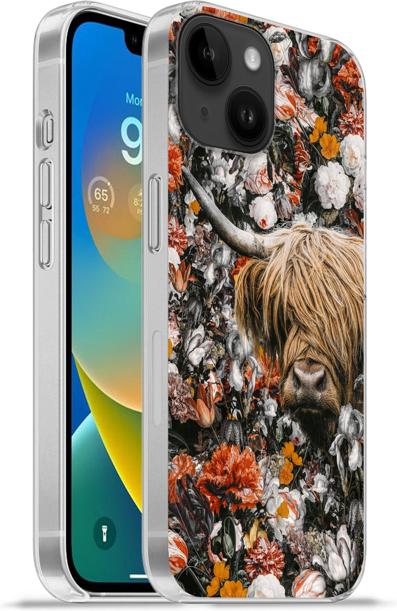Telefoonhoesje Geschikt voor Apple Iphone 14 hoesje - Schotse hooglander - Bloemen - Oranje - Siliconen Telefoonhoesje Telefoonhoesje