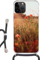 Geschikt voorApple Iphone 14 Pro Max - Crossbody Case - Zonsondergang - Bloemen - Rood - Siliconen - Crossbody - Backcover met Koord - Telefoonhoesje met koord - Hoesje met touw