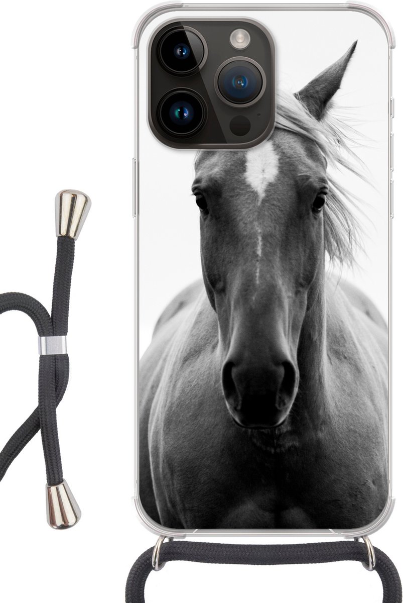 Geschikt voor Apple iPhone 14 Pro - Crossbody Case - Paard - Zwart - Wit - Portret - Siliconen - Crossbody - Backcover met Koord - Telefoonhoesje met koord - Hoesje met touw - SleevesAndCases