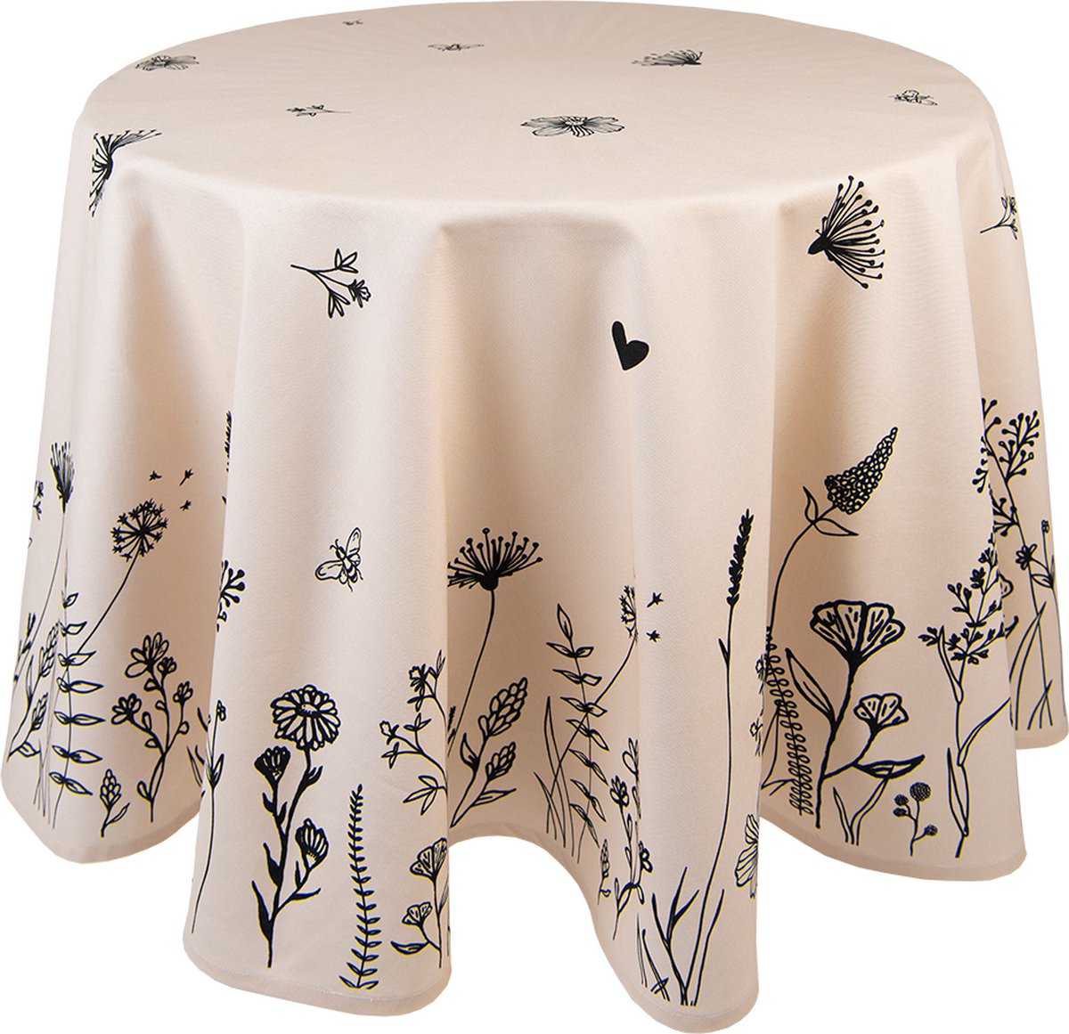 Clayre & Eef Tafelkleed Ø 170 cm Beige Zwart Katoen Bloemen Tafellaken