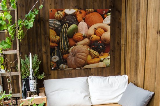 Tuinposter 100x100 cm - Tuindecoratie Pompoen - Herfst - Oranje - Poster voor in de tuin - Buiten decoratie - Schutting tuinschilderij - Tuindoek muurdecoratie - Wanddecoratie balkondoek