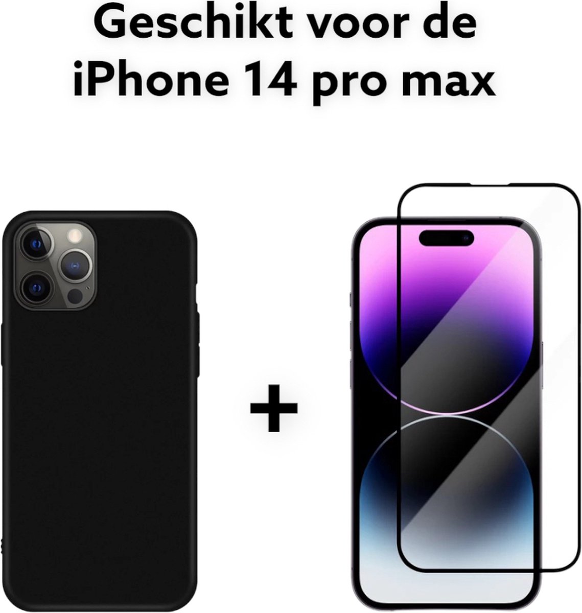 apple iphone 14 pro max hoesje siliconen zwart achterkant + screen protector - iphone 14 pro max hoesje siliconen black back cover + tempert glas protectie