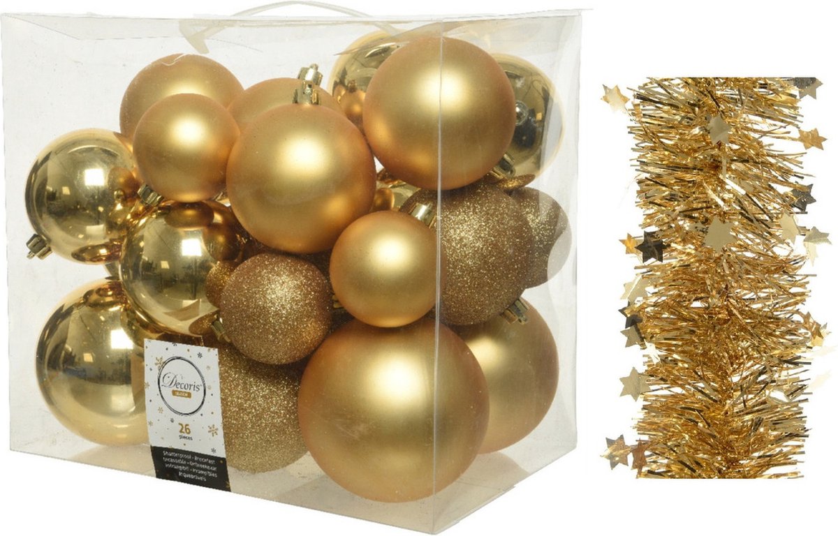 Kerstversiering kunststof kerstballen 6-8-10 cm met sterren folieslingers pakket goud van 28x stuks - Kerstboomversiering