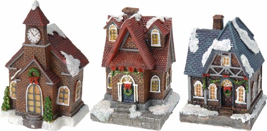 Kerstdorp huisjes set van 3x huisjes met Led verlichting 13 cm - Kleuren veranderen doorlopend voor extra sfeer
