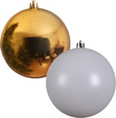 2x stuks grote kerstballen van 20 cm glans van kunststof goud en wit - Kerstversiering