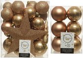Kerstversiering kunststof kerstballen camel bruin 5-6-8 cm pakket van 45x stuks - Met kunststof ster piek van 19 cm