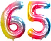 Folie Ballon Cijfer 65 Jaar Regenboog Verjaardag Versiering Helium Cijfer Ballonnen Feest versiering Met Rietje - 86Cm