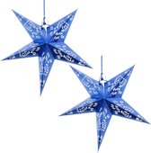 2x Decoratie kerstster lampionnen blauw 60 cm - Kerstdecoratie sterren blauw