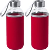 Bouteille d'eau/bouteille en verre 2x Pieces avec housse de protection softshell rouge 420 ml - Bouteille de sport - Bouteille d'eau