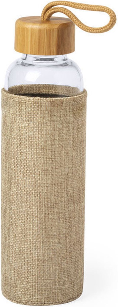 Glazen waterfles/drinkfles met naturel bamboe houten bescherm hoes 500 ml - Sportfles - Bidon