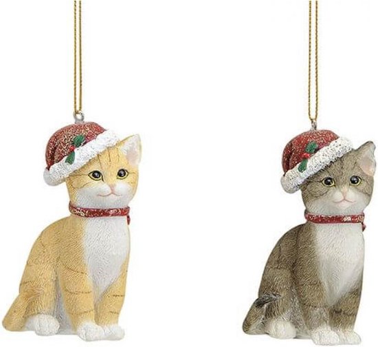 Foto: 2x stuks kersthangers katten poezen met kerstmuts 9 cm kerstversiering kerstornamenten