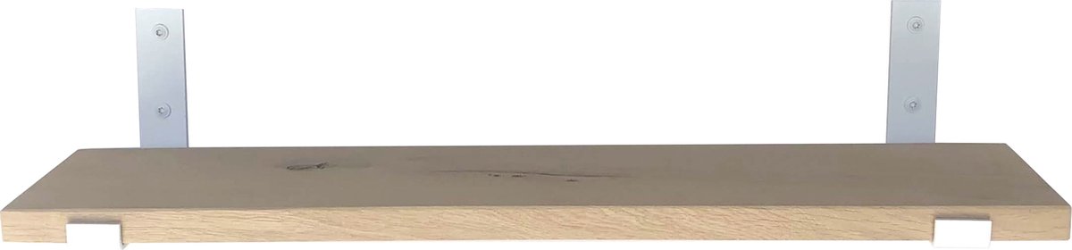 GoudmetHout Wandplank Industrieel - 60 x 20 cm Muurplank - Eiken Hout - Decoratie Wandrek & Boekenrek - Hangplank Keuken - Wall Shelf + 2 Mat Witte Plankdragers van Staal Licht eiken, Mat wit