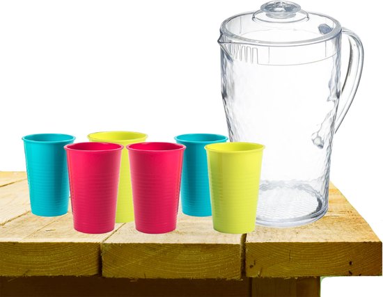Pichet à eau/jus Forte Plastics 2 litres en plastique avec 12x verres  colorés 250 ML