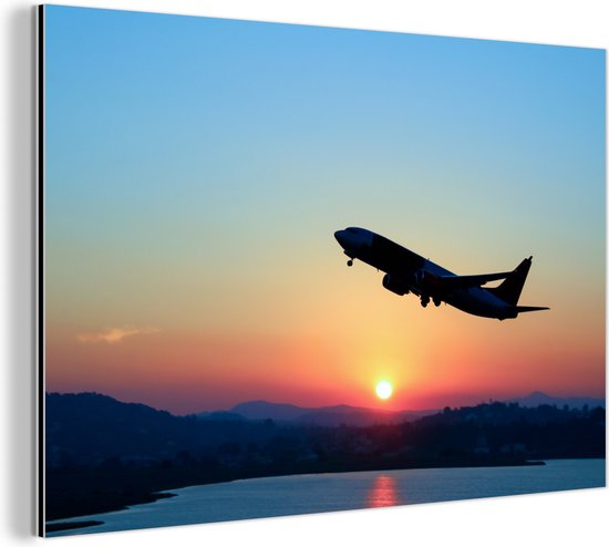 Aluminium schilderij 150x100 cm - Wanddecoratie metaal - Stijgend vliegtuig met een heldere lucht - Metalen muurdecoratie woonkamer - Decoratie industrieel - Foto op dibond - Industriële accessoires slaapkamer