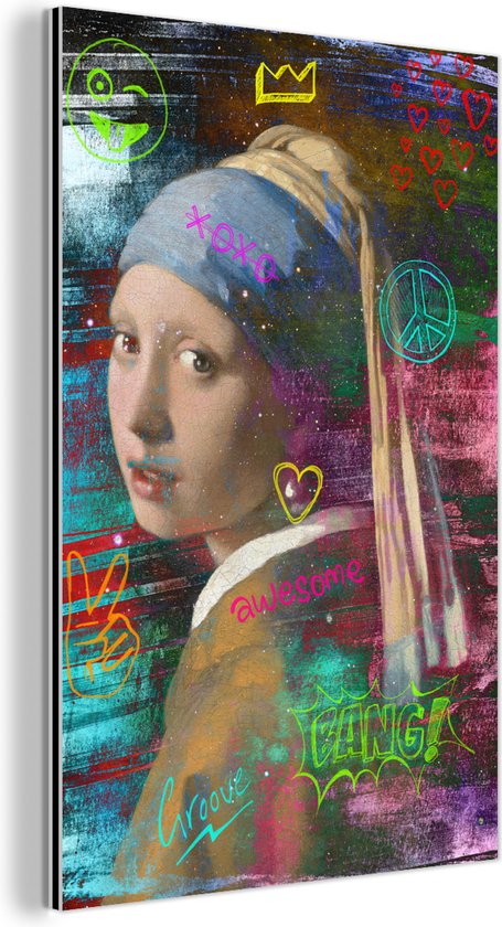 Wanddecoratie Metaal - Aluminium Schilderij - Meisje met de parel - Johannes Vermeer - Neon - Dibond