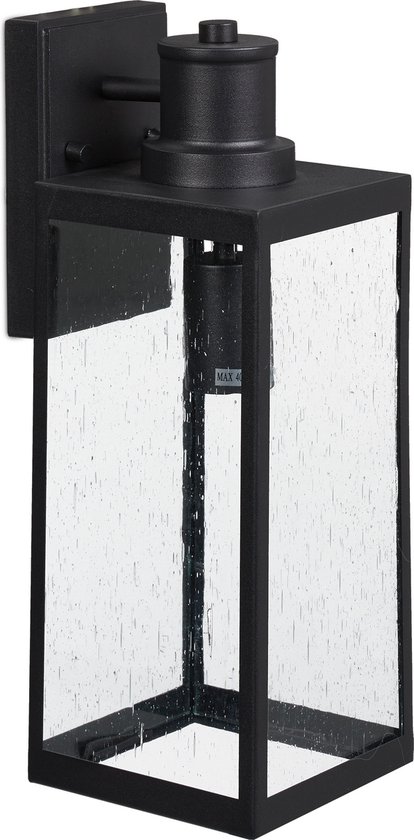 Relaxdays wandlamp lantaarn - E27 - buitenlantaarn - modern - glas & staal - zwart