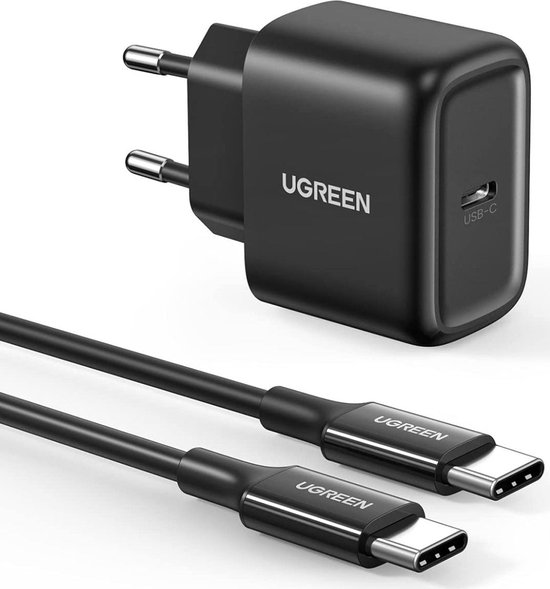 UGREEN 25W Snellader USB-C PD 3.0 QC 4.0 + 2m USB-C Kabel 3A Razendsnel Opladen Zwart