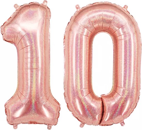 Ballon Cijfer 10 Jaar Rose Goud Helium Ballonnen Verjaardag Versiering Feest versiering Met Rietje Glitter - 86Cm
