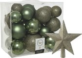 26x stuks kerstballen met ster piek - mos groen - kunststof - 6, 8, 10 cm