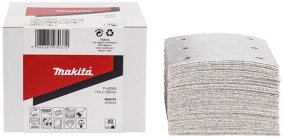 Makita P-42503 schuurvel, korrel 40, 114x102mm. Stapel schuurvellen met 4 gaten voor stofafzuiging.