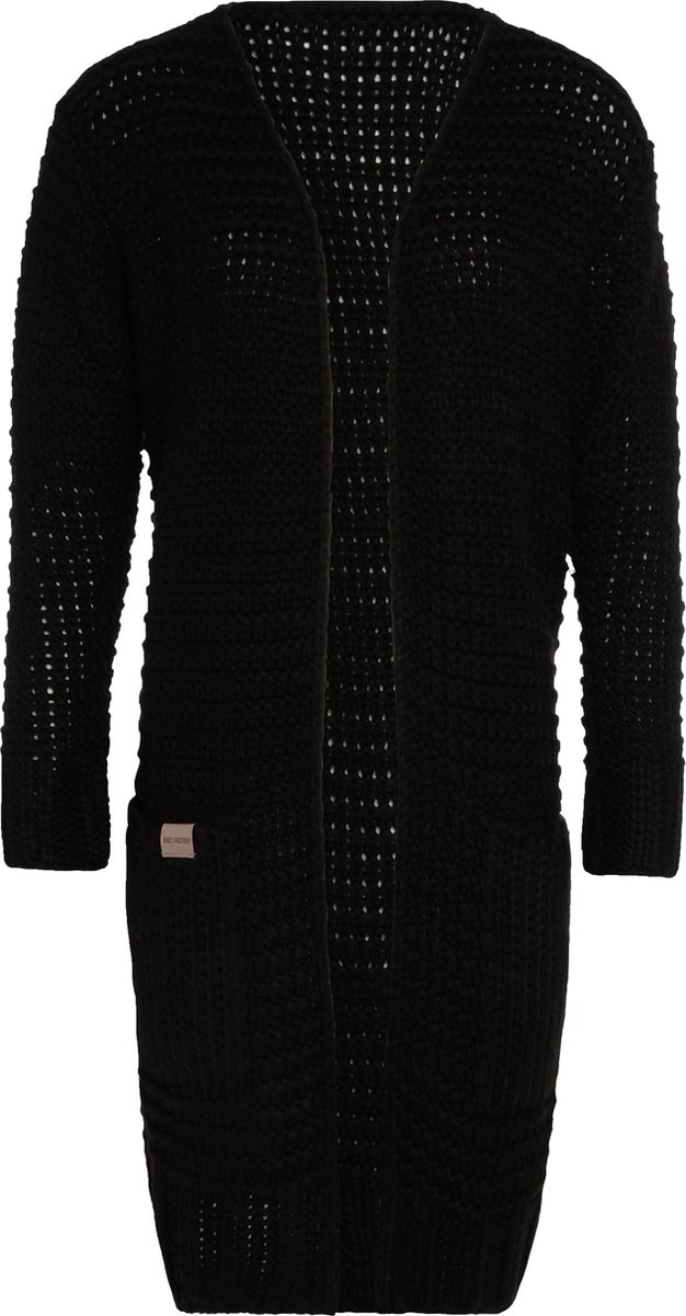 Knit Factory Alex Lang Gebreid Dames Vest - Grof gebreid zwart damesvest - Cardigan voor de herfst en winter - Lang vest tot over de knie - Zwart - 40/42