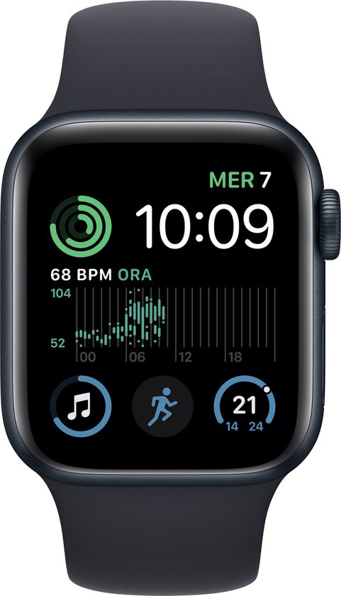 Donkergrijze Apple Watch SE met een wijzerplaat die de dag, tijd, hartslag, activiteiten en de weersverwachting toont.