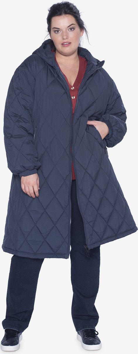 EVIVA - Lange quilted pufferjas met kap - donkerblauw