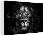 Canvas Schilderij Leeuw - Bladeren - Jungle - Dieren - Zwart wit - Hout lijst - 90x60 cm - Wanddecoratie