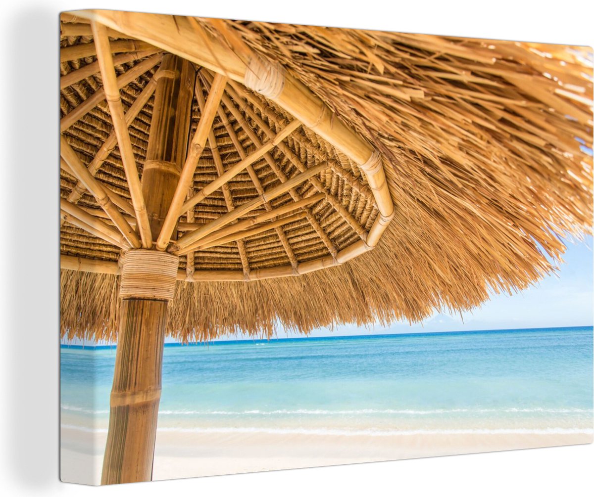 Canvas schilderij 140x90 cm - Wanddecoratie Parasol - Strand - Zee - Tropisch - Muurdecora