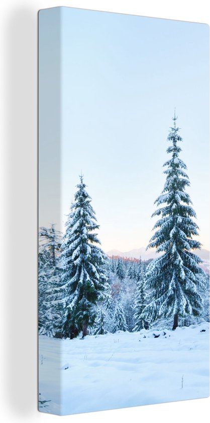 Canvas Schilderij Winter - Sneeuw - Bomen - 20x40 cm - Wanddecoratie
