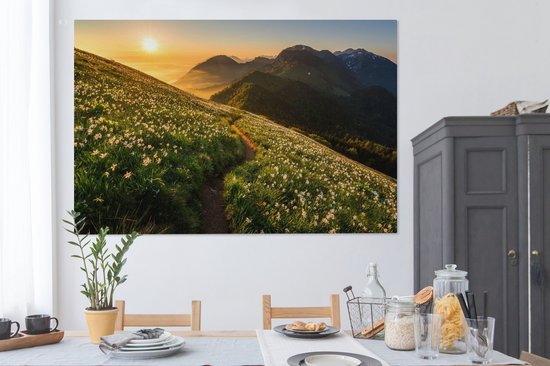Canvas schilderij 180x120 cm - Wanddecoratie Bloemen - Zon - Bergen - Muurdecoratie woonkamer - Slaapkamer decoratie - Kamer accessoires - Schilderijen