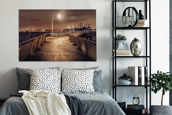 Tableau Toile Ville - Lampadaire - Nuit - 140x90 cm - Décoration murale