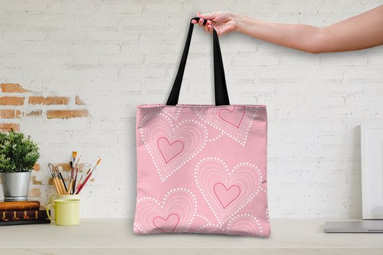 MuchoWow® Schoudertas - Strandtas - Big Shopper - Boodschappentas - Hartjes - Patronen - Roze - 40x40 cm - Katoenen tas