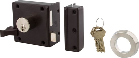 Bruin oplegslot, sluitkom, twee sleutels en rozet.