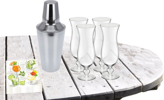 Cocktailshaker 500 ML met 4x Cocktailglazen Hawaii 440 ML en 20x thema servetten