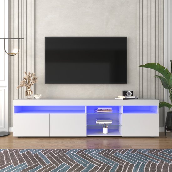 Meuble TV LED moderne - Meuble TV Witte avec éclairage LED variable 16 couleurs - Meuble TV MDF haute brillance avec espace de rangement et étagères ouvertes - pour salon et salle à manger -180cm