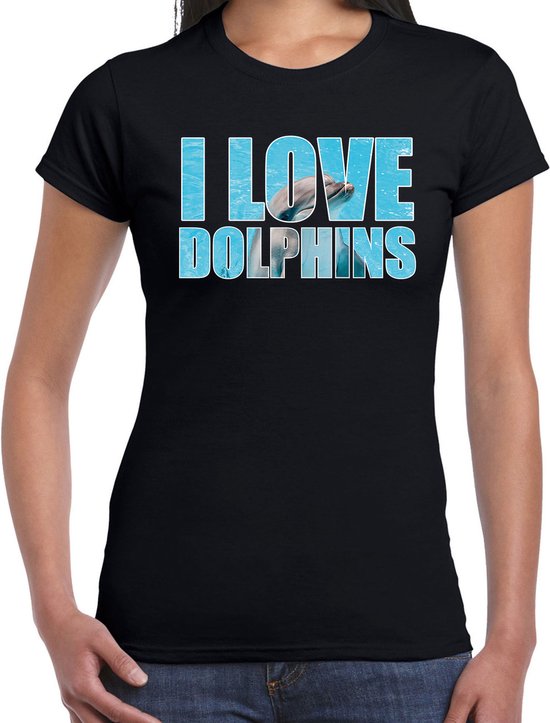 Tekst shirt I love dolphins met dieren foto van een dolfijn zwart voor dames - cadeau t-shirt dolfijnen liefhebber XL
