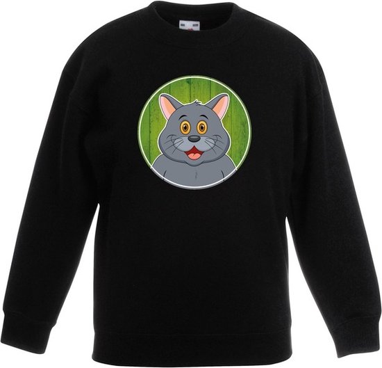 Kinder sweater zwart met vrolijke grijze kat print - grijze katten trui - kinderkleding / kleding 134/146