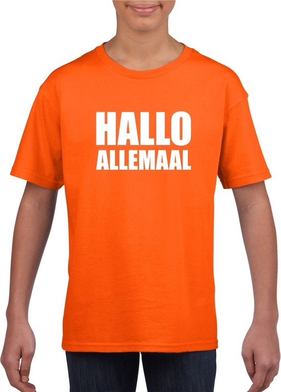 Hallo allemaal tekst oranje t-shirt voor kinderen 122/128