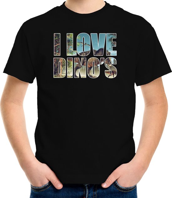 Tekst shirt I love dinosaurs met dieren foto van een dino zwart voor kinderen - cadeau t-shirt T-Rex dinosauriers liefhebber - kinderkleding / kleding 110/116