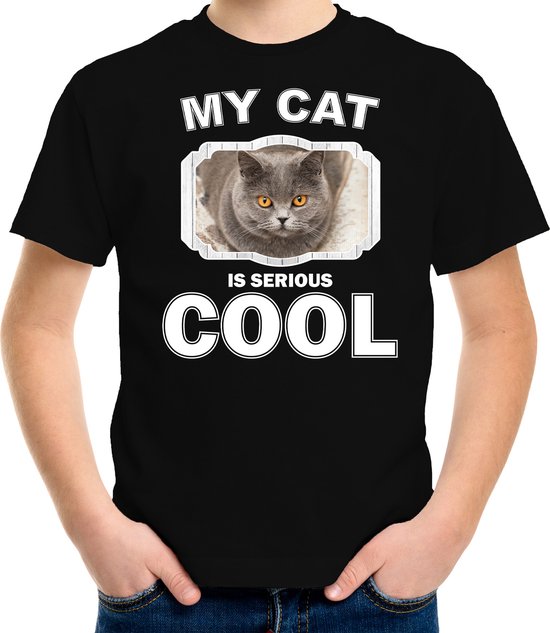 Britse korthaar katten t-shirt my cat is serious cool zwart - kinderen - katten / poezen liefhebber cadeau shirt - kinderkleding / kleding 134/140
