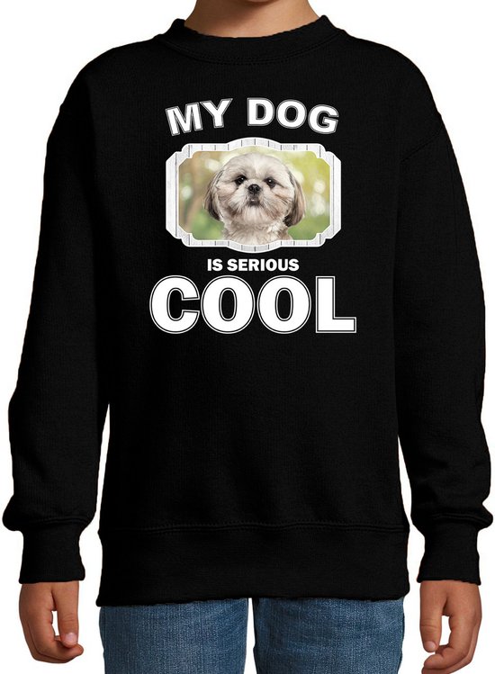 Shih tzu honden trui / sweater my dog is serious cool zwart - kinderen - Shih tzus liefhebber cadeau sweaters - kinderkleding / kleding 98/104