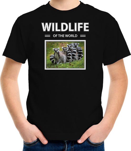 Dieren foto t-shirt Ringstaart maki - zwart - kinderen - wildlife of the world - cadeau shirt Apen liefhebber - kinderkleding / kleding 146/152