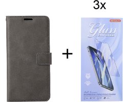 Bookcase Geschikt voor: Motorola Moto G10 / G20 / G30 Grijs - portemonnee hoesje met 3 stuk Glas Screen protector - ZT Accessoires