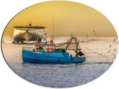 WallClassics - Dibond Ovaal - Blauwe Vissersboot omringd door Zeemeeuwen - 68x51 cm Foto op Ovaal (Met Ophangsysteem)